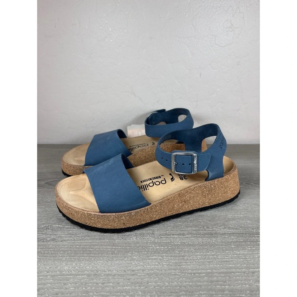 Papillio by Birkenstock Glenda Blue Nubuck Leather Platform Wedge Sandals 38 L7